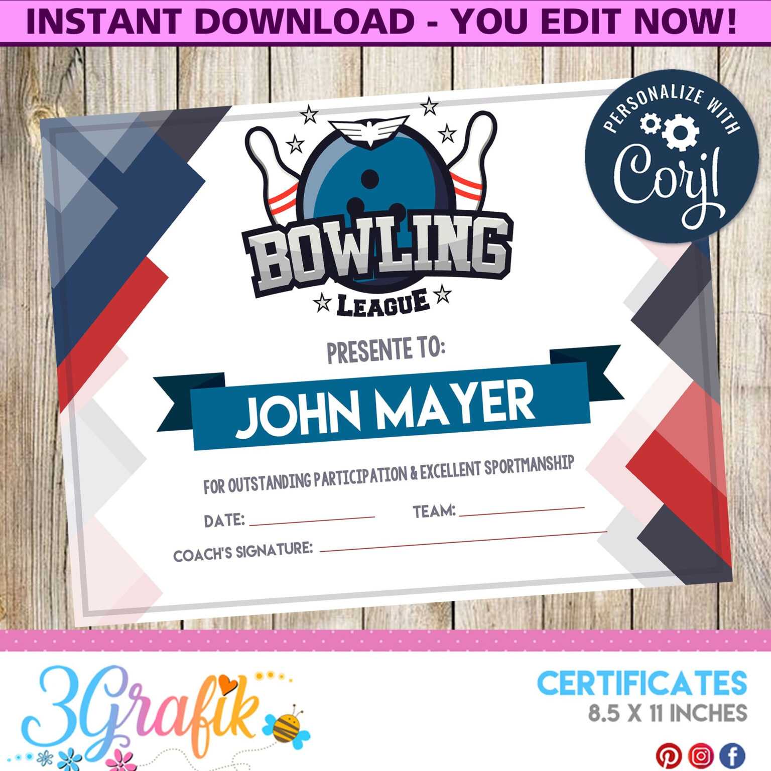 Bowling Certificate Printable 3Grafik Certificates Inside 