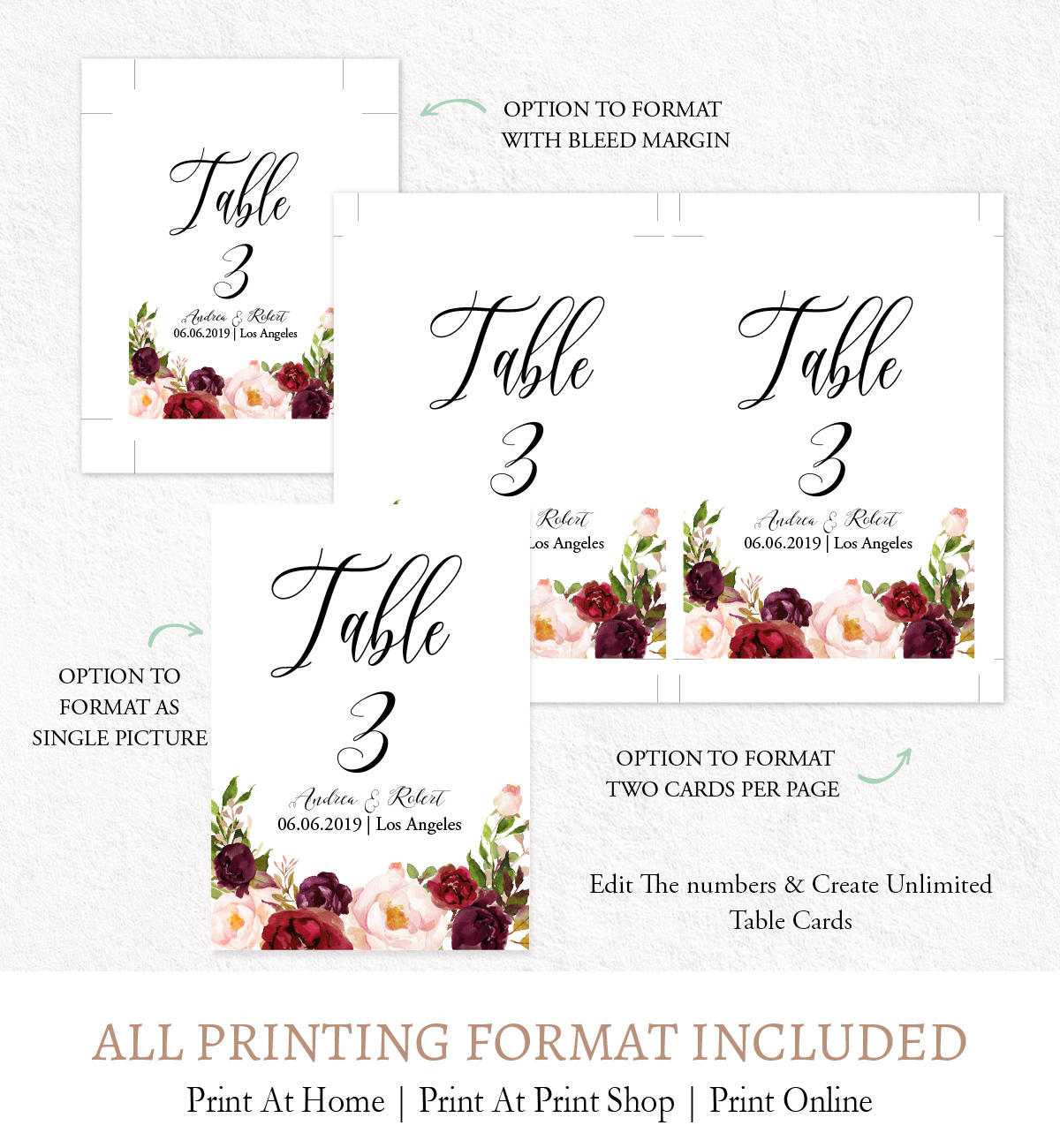 Burgundy Flowers Table Numbers Template, Printable Fl1 With Table Number Cards Template