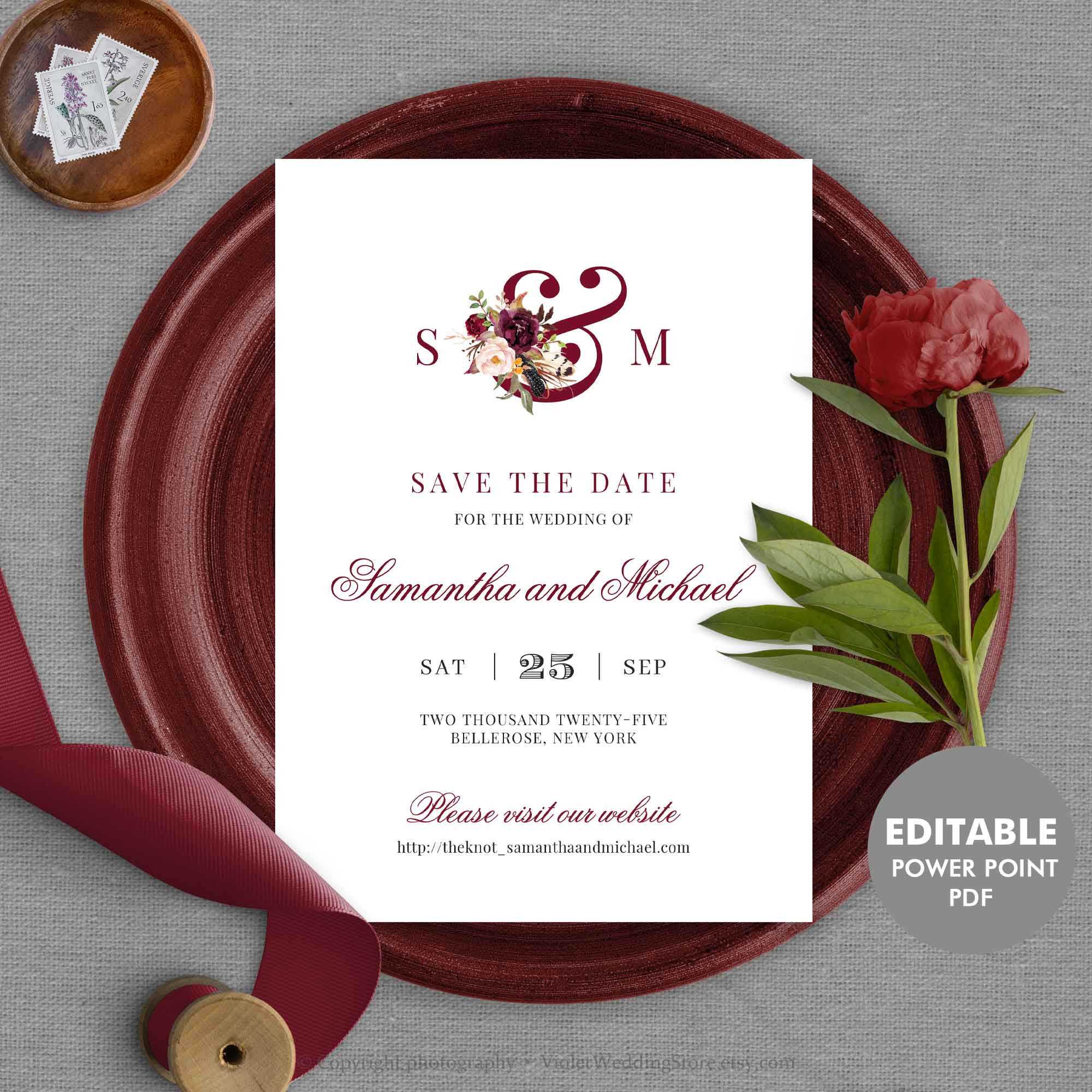 Burgundy Save The Date Card Template, Editable Monogram Save The Date,  Printable Wedding Save The Date Instant Download Mar1 Intended For Save The Date Powerpoint Template
