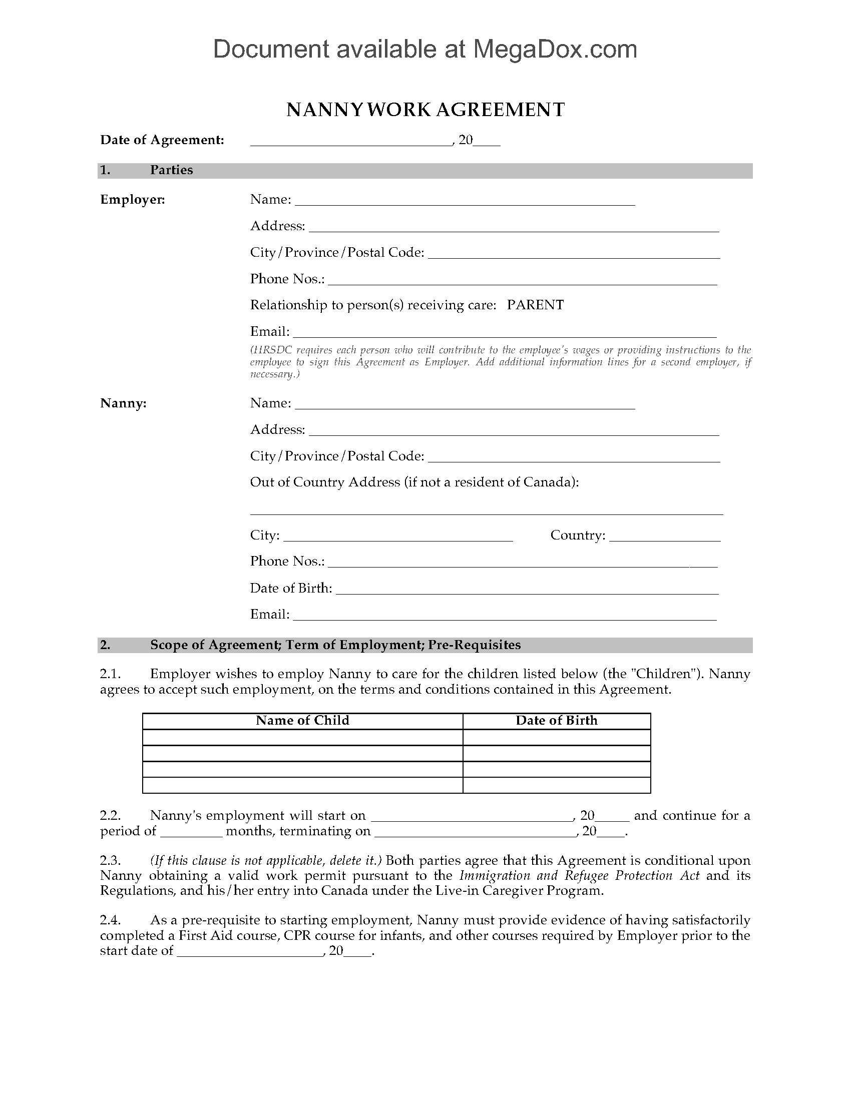 Canada Nanny Employment Agreement Regarding Nanny Contract Template Word