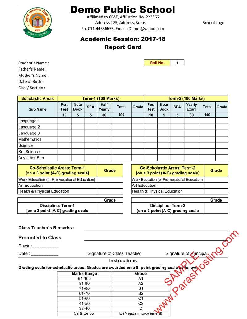 Cbse Report Card Format For Primary Classes  I To V For Middle School Report Card Template