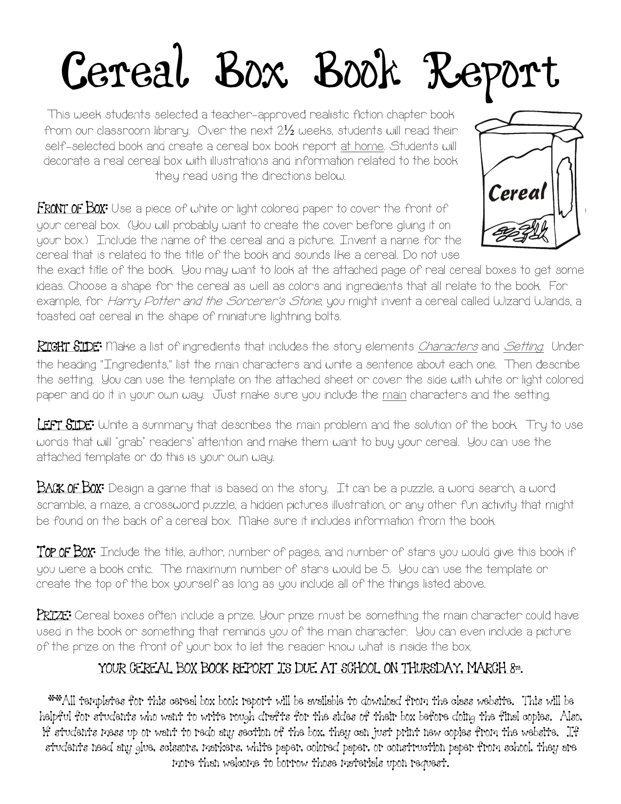 Cereal Box Book Report Instructions | Cereal Box Book Report Pertaining To Cereal Box Book Report Template