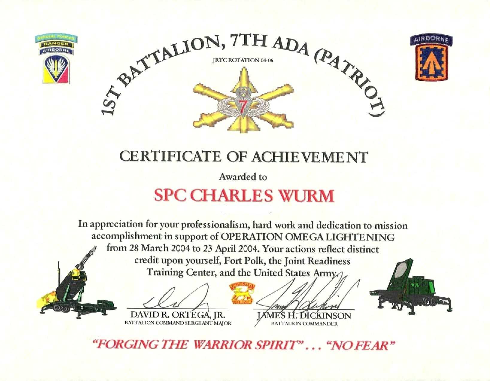 Certificate Of Appreciation Template Us Army For Army Certificate Of Achievement Template