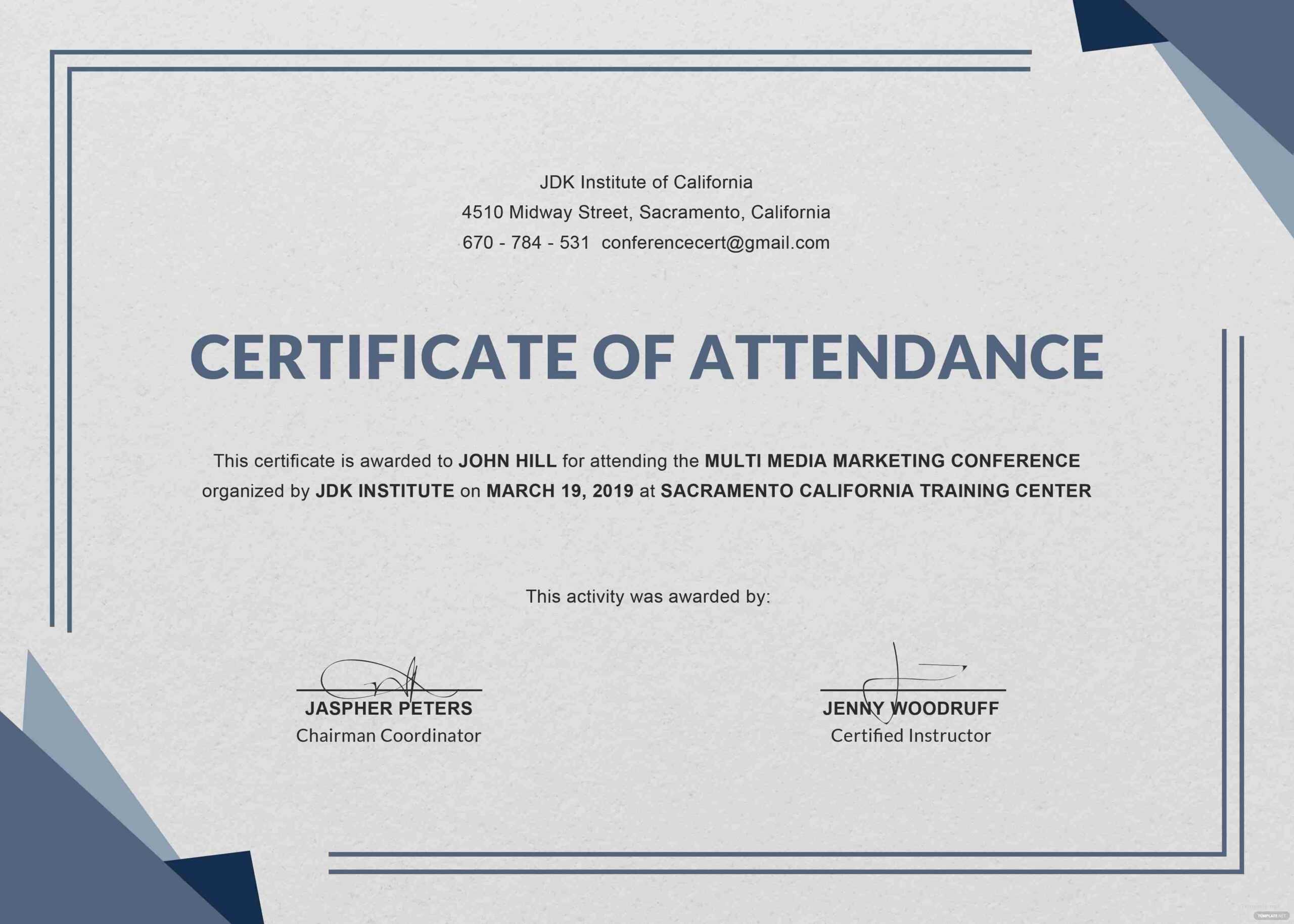 Certificate Of Attendance Template Free Download Regarding Certificate Of Attendance Conference Template