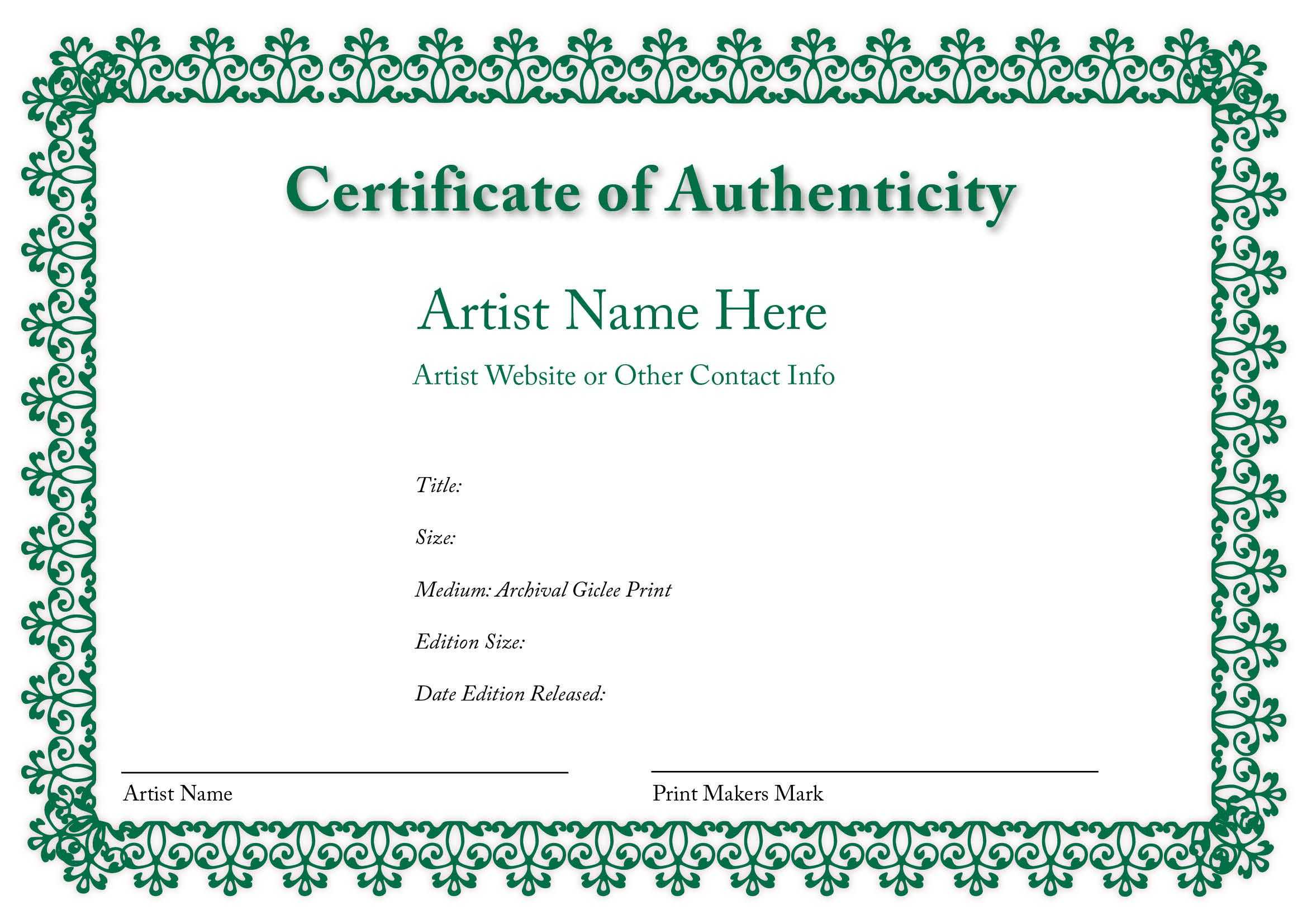 Certificate Of Authenticity Of An Art Print In 2019 With Certificate Of Authenticity Photography Template
