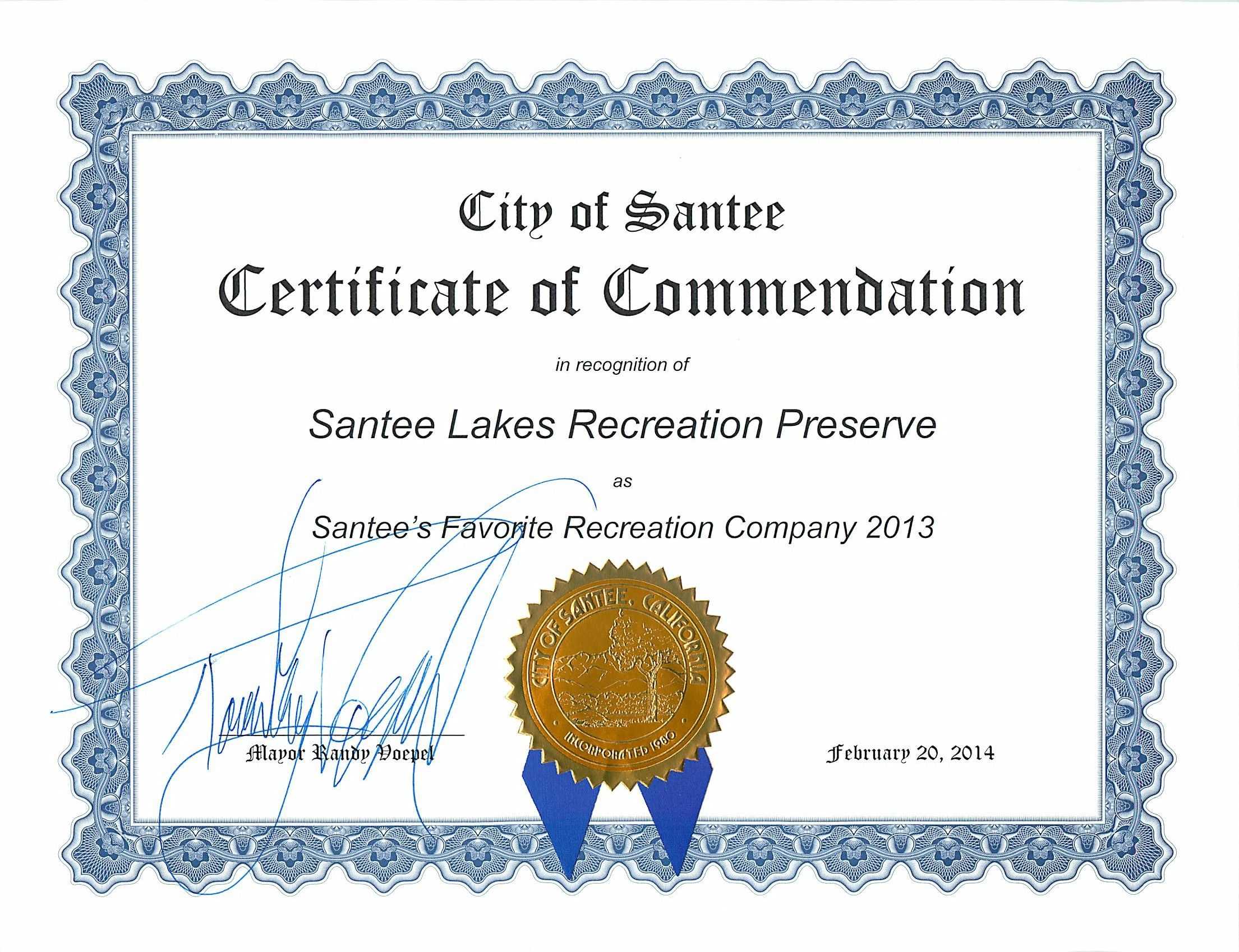 Certificate Of Commendation From The City Of Santee Intended For Validation Certificate Template
