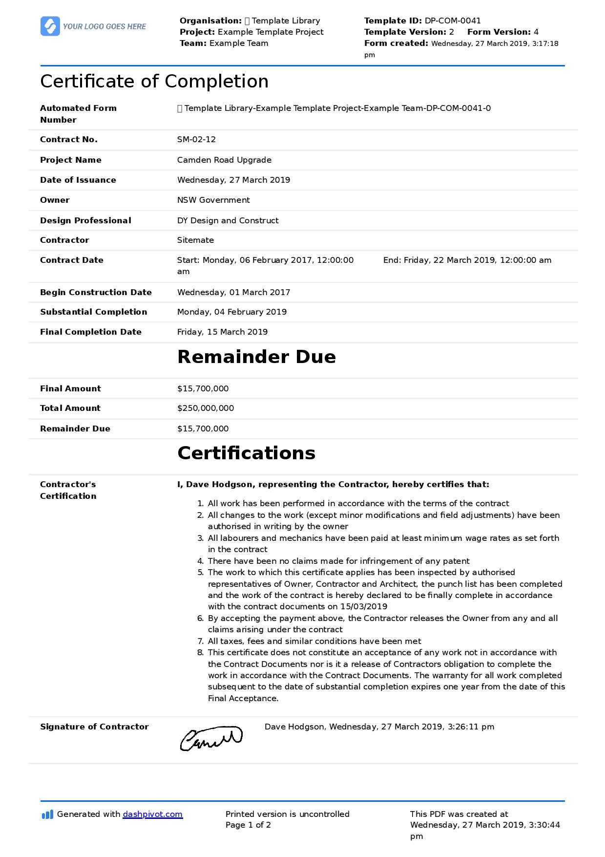 Certificate Of Completion For Construction (Free Template + Intended For Certificate Of Acceptance Template