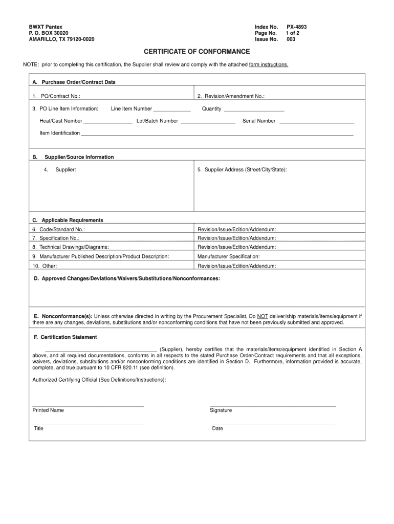 Certificate Of Conformance Template – Fill Online, Printable Intended For Certificate Of Compliance Template