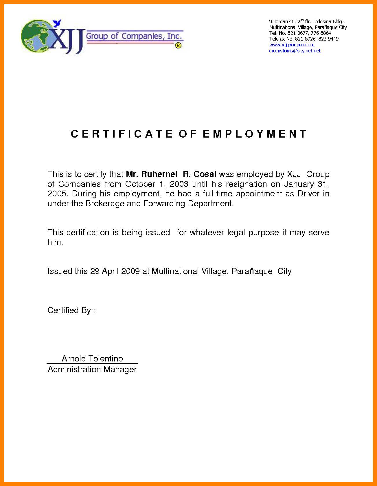 Certificate Of Employment Sample | Certificates Templates Free Throughout Template Of Certificate Of Employment