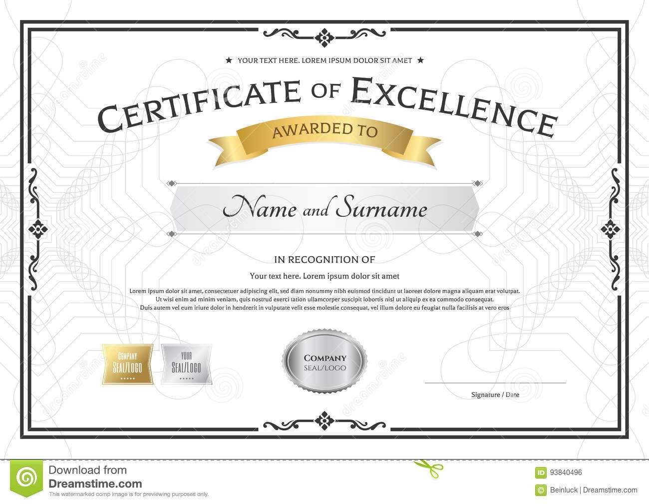 Certificate Of Excellence Template With Gold Award Ribbon On Throughout Award Of Excellence Certificate Template