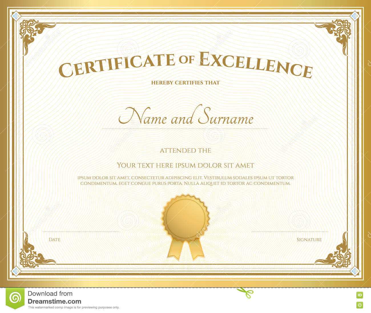 Certificate Of Excellence Template With Gold Border Stock With Certificate Of Excellence Template Free Download