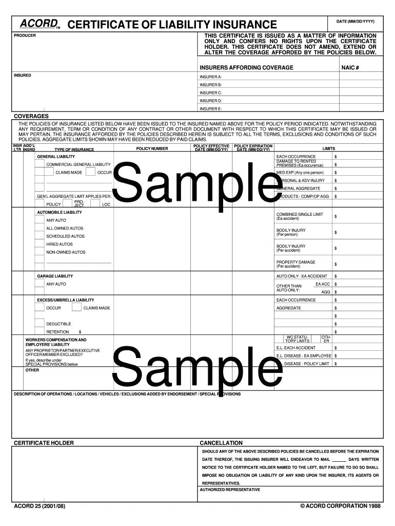 Certificate Of Insurance Template – Fill Online, Printable Inside Certificate Of Insurance Template
