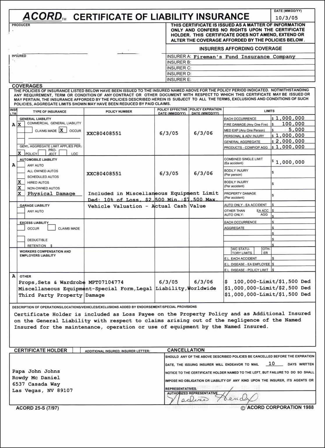 Certificate Of Liability Insurance Form ...