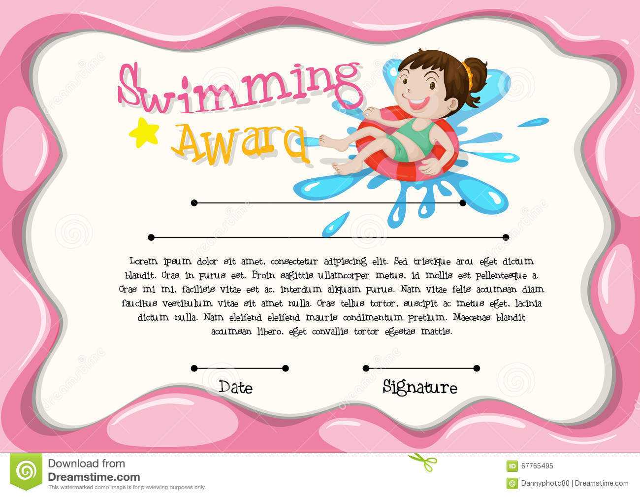 Certificate Template With Girl Swimming Stock Vector For Free Swimming Certificate Templates
