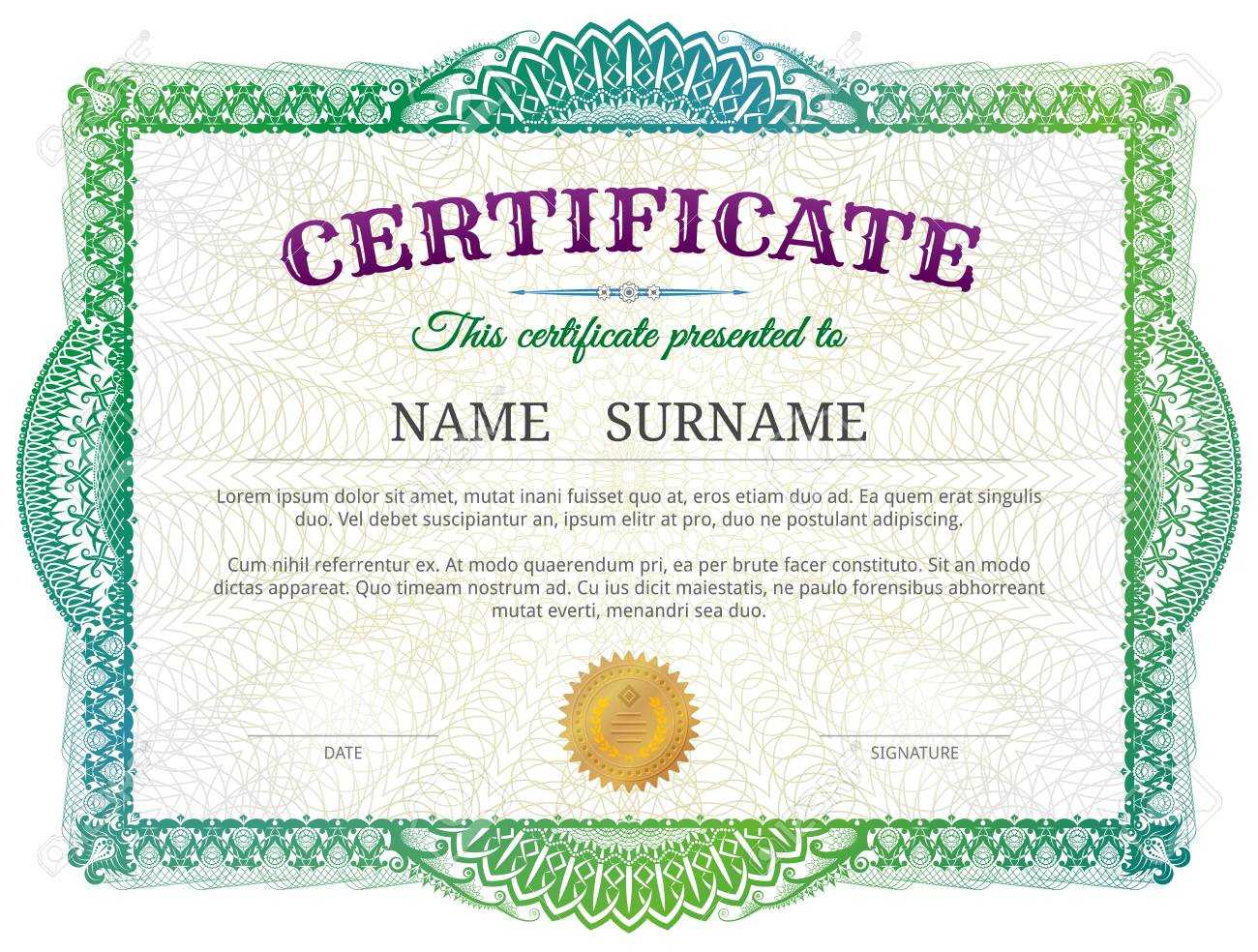 Certificate Template With Guilloche Elements. Green Diploma Border.. Pertaining To Validation Certificate Template