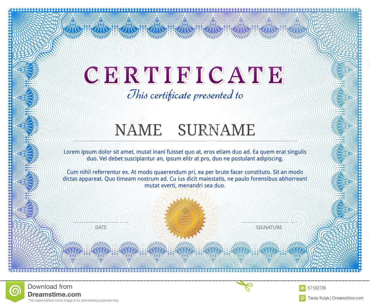 Certificate Template With Guilloche Elements Stock Vector With Validation Certificate Template