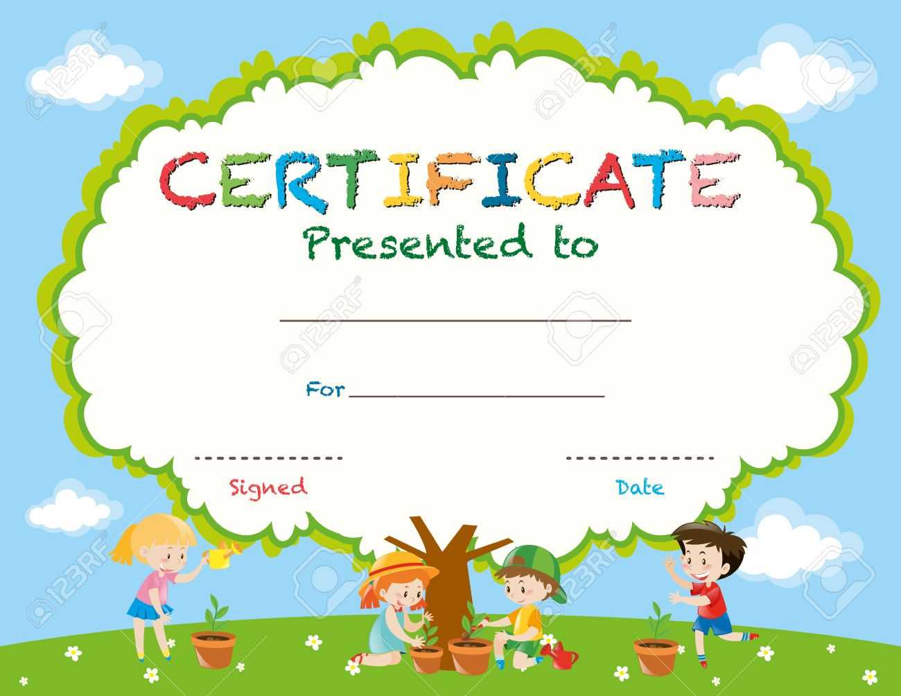 Certificate Template With Kids Planting Trees Illustration Pertaining To Free Kids Certificate Templates