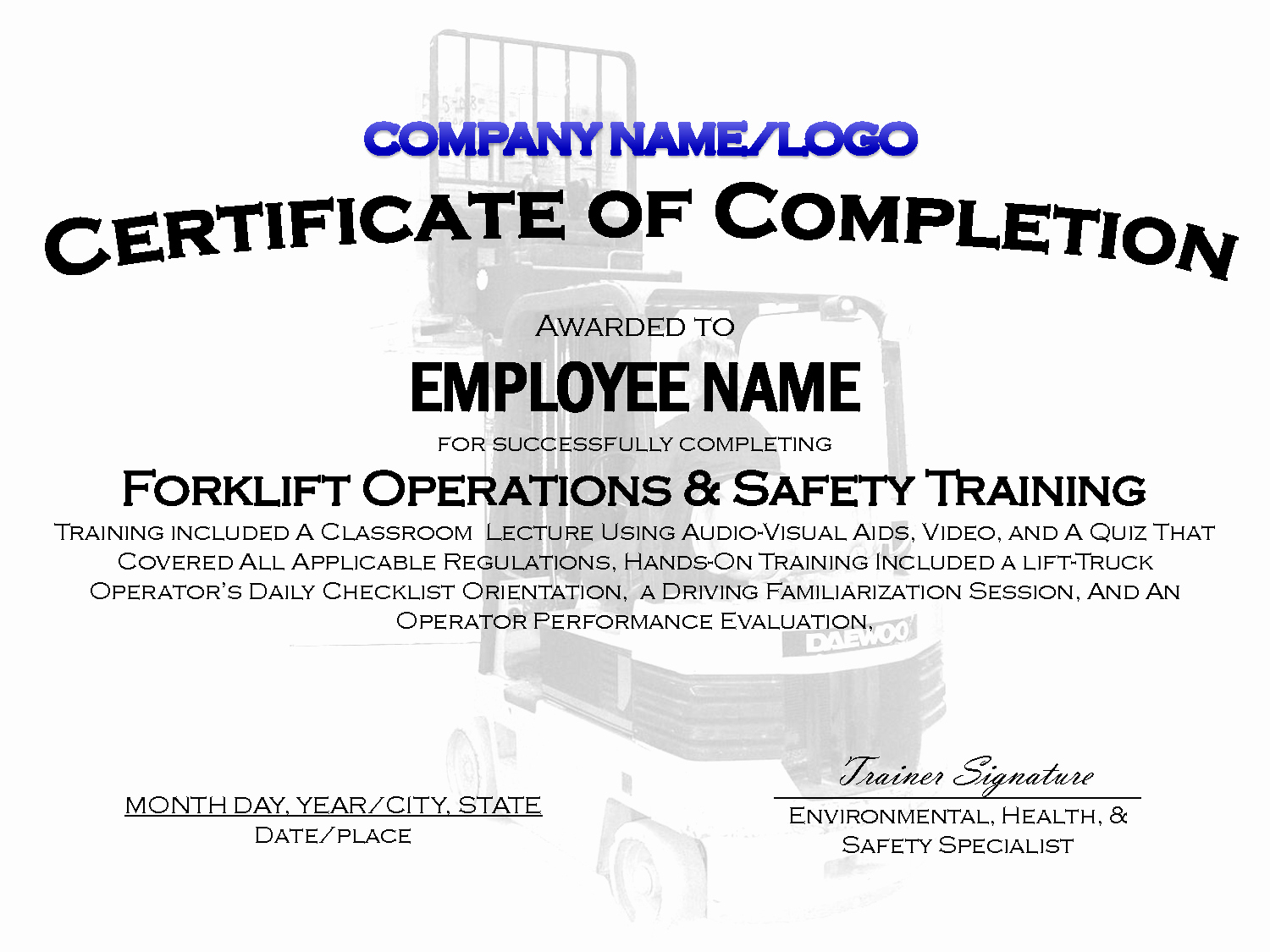 Certificate Templates: Forklift Certification Card Template For Forklift Certification Card Template