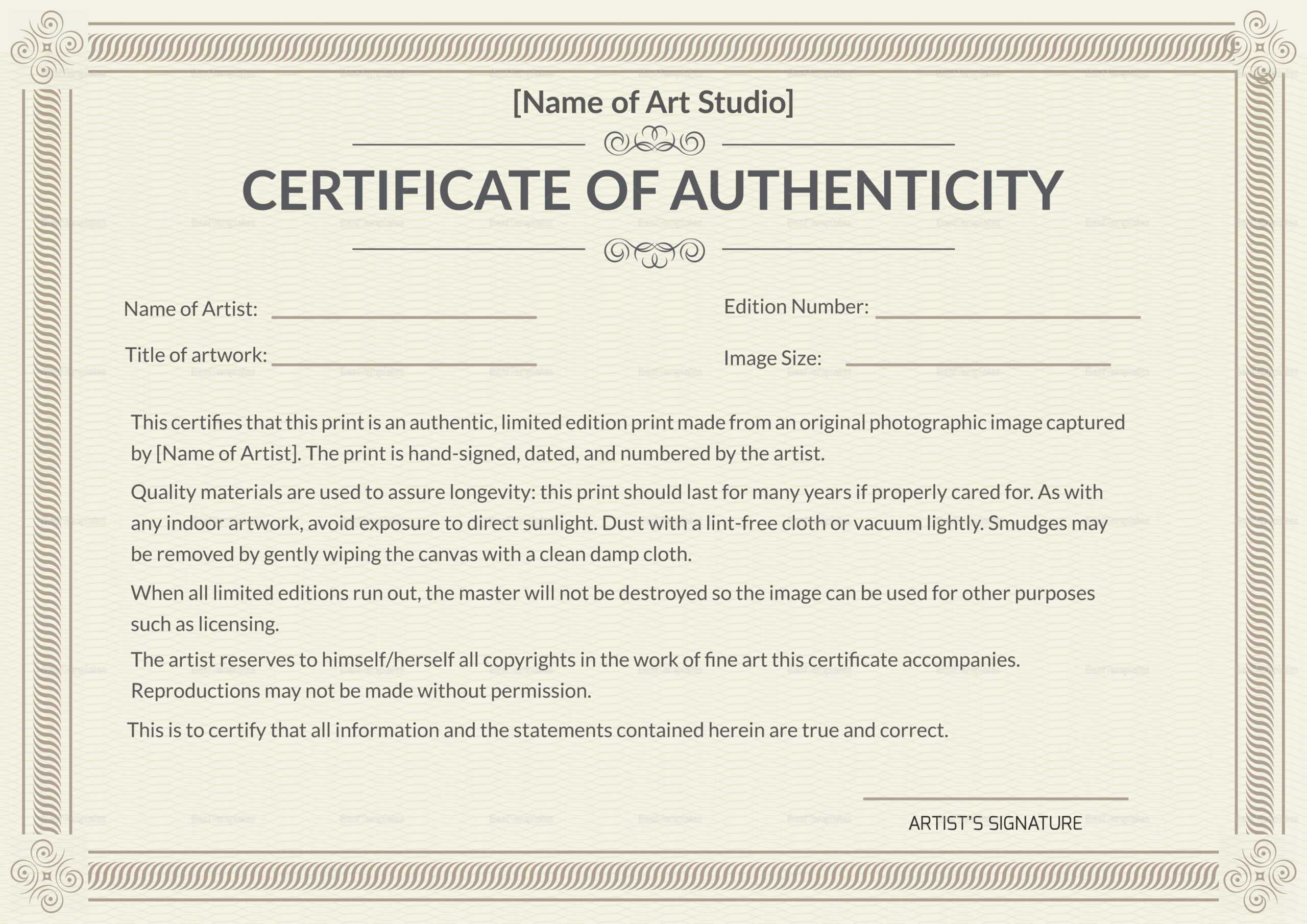 Certificate Templates: Template Certificate Of Authenticity With Regard To Photography Certificate Of Authenticity Template