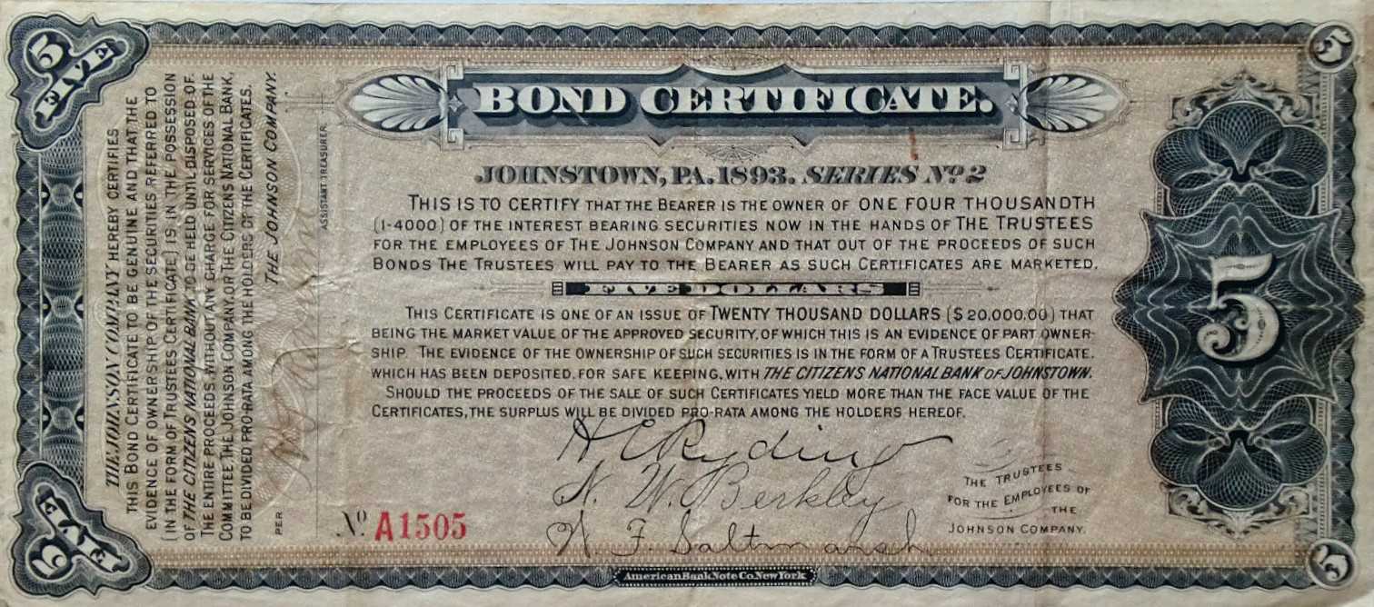 Certificate Templates: Vintage Johnstown: 1893 Bond Certificate For Corporate Bond Certificate Template