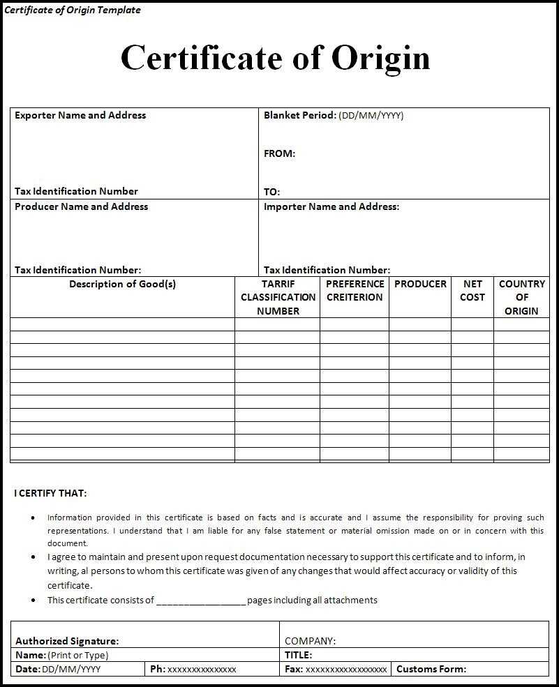 Certificate Of Manufacture Template