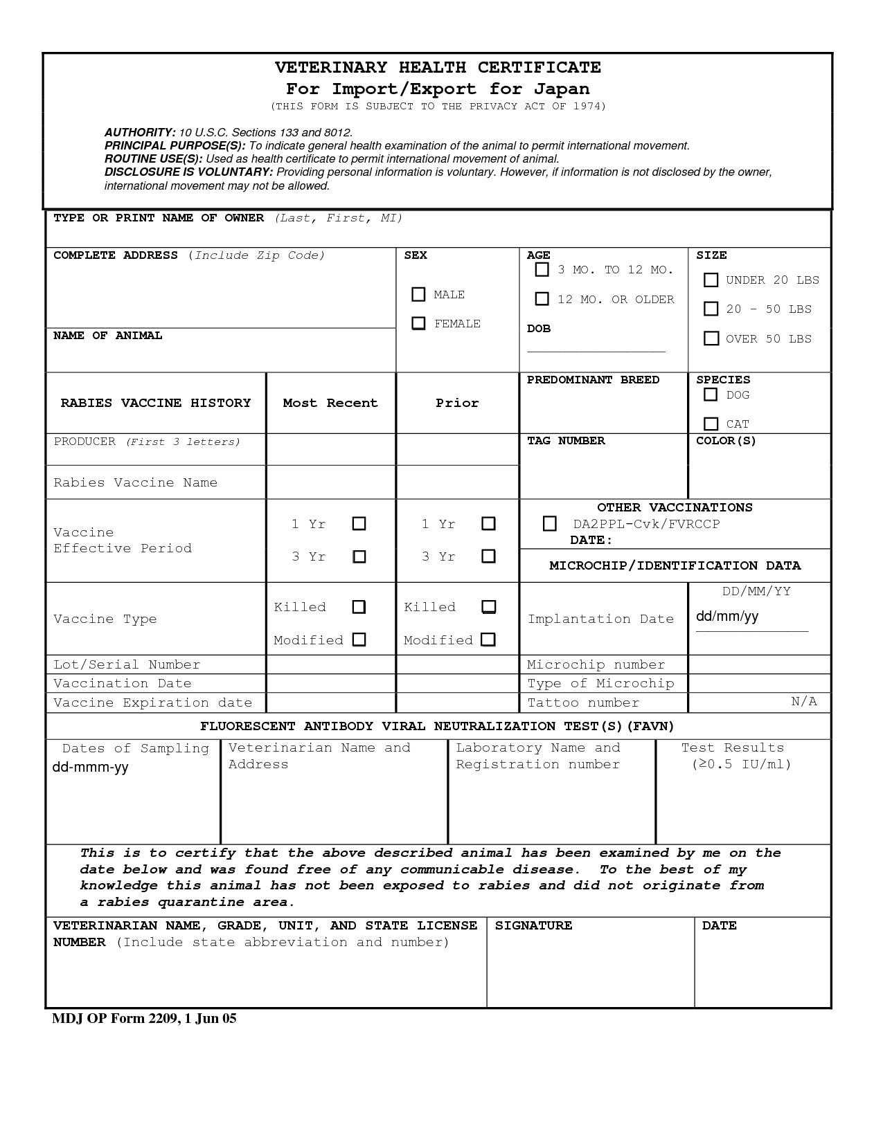 Certificates. Extraordinary Rabies Vaccine Certificate Pertaining To