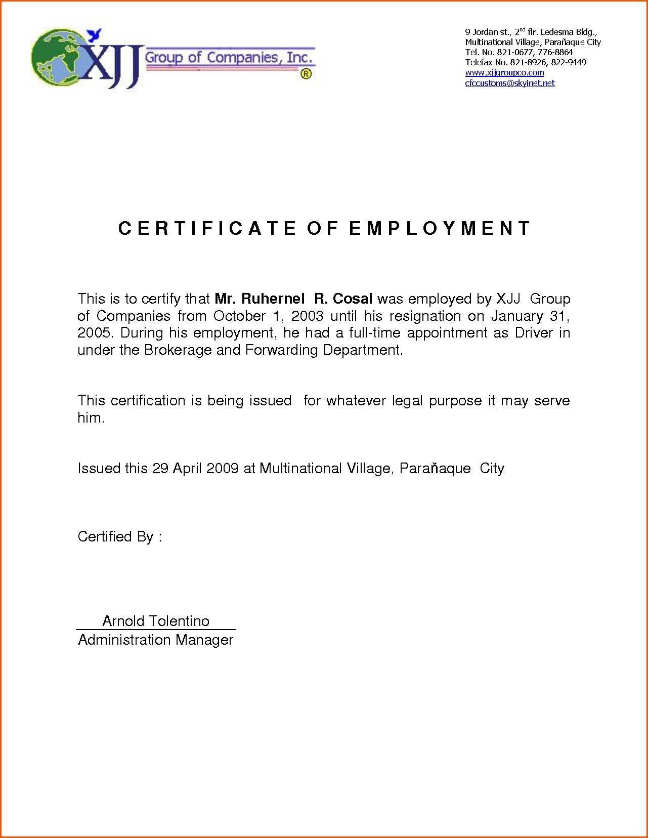 Certificates: Stunning Certificate Of Employment Template With Template Of Certificate Of Employment