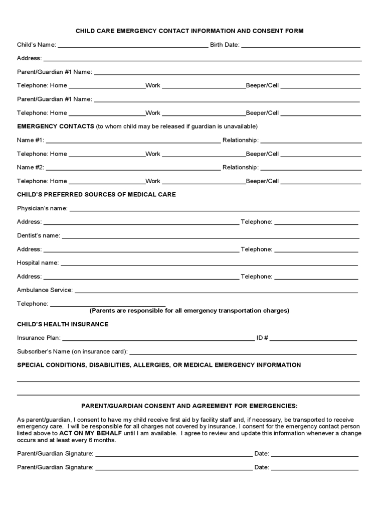Child Care Emergency Contact Form 2 Free Templates In Throughout Emergency Contact Card Template