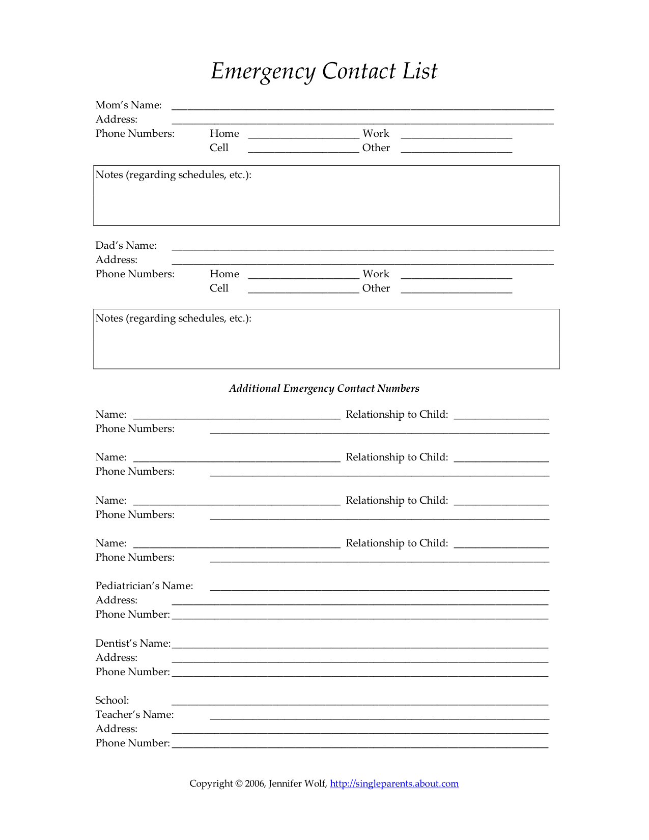 Child's Emergency Contact Form | Single Parent Families Within Emergency Contact Card Template