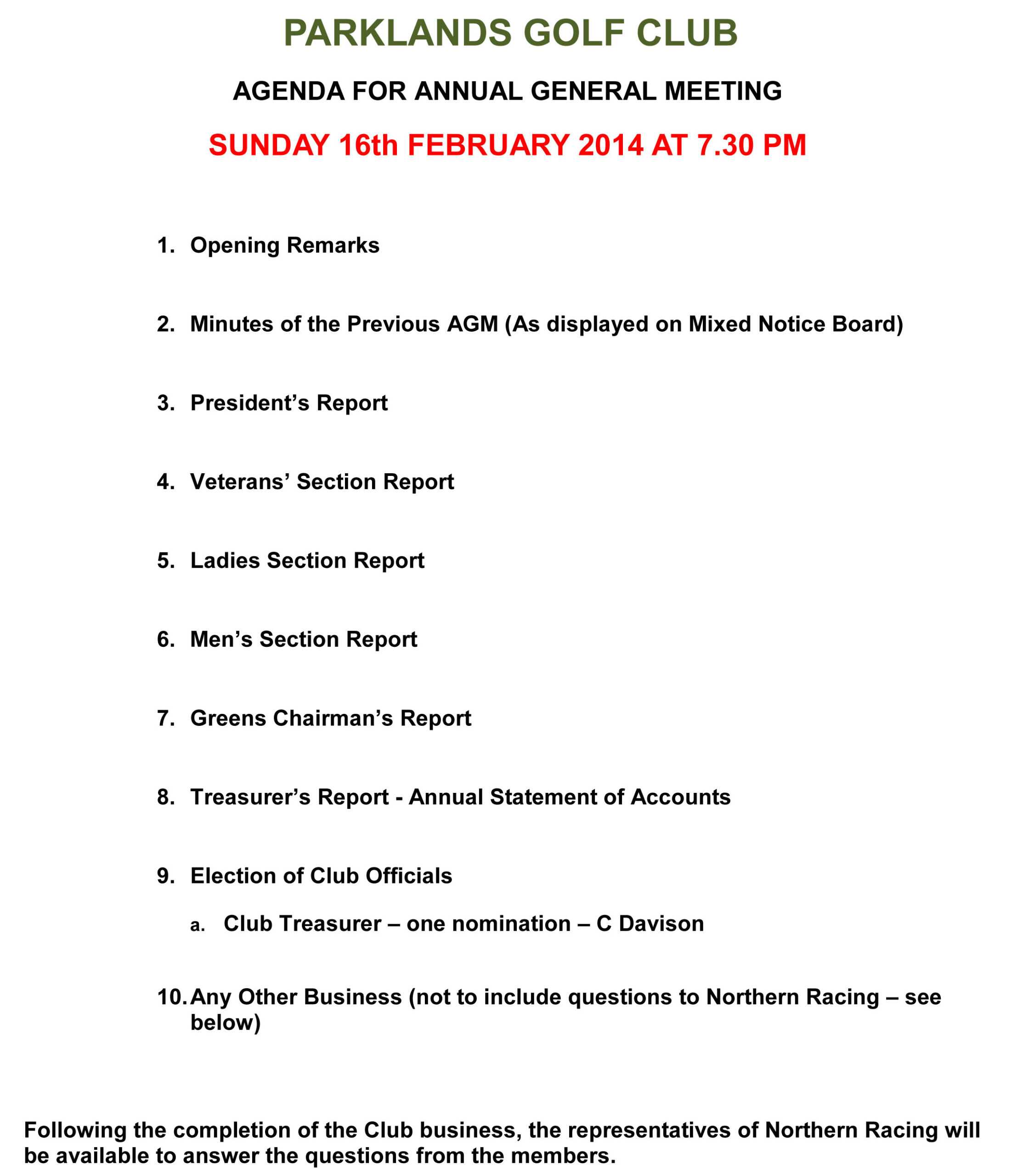 Club Agm – Sunday 16Th February 2014 | Parklands Golf Club Within Treasurer's Report Agm Template