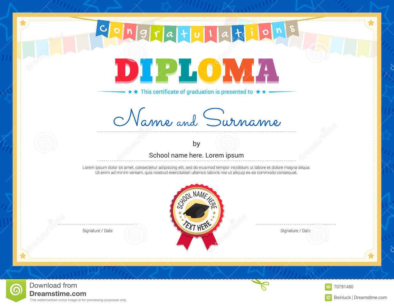 Colorful Diploma Certificate Template For Kids In Vector Pertaining To Certificate Of Achievement Template For Kids