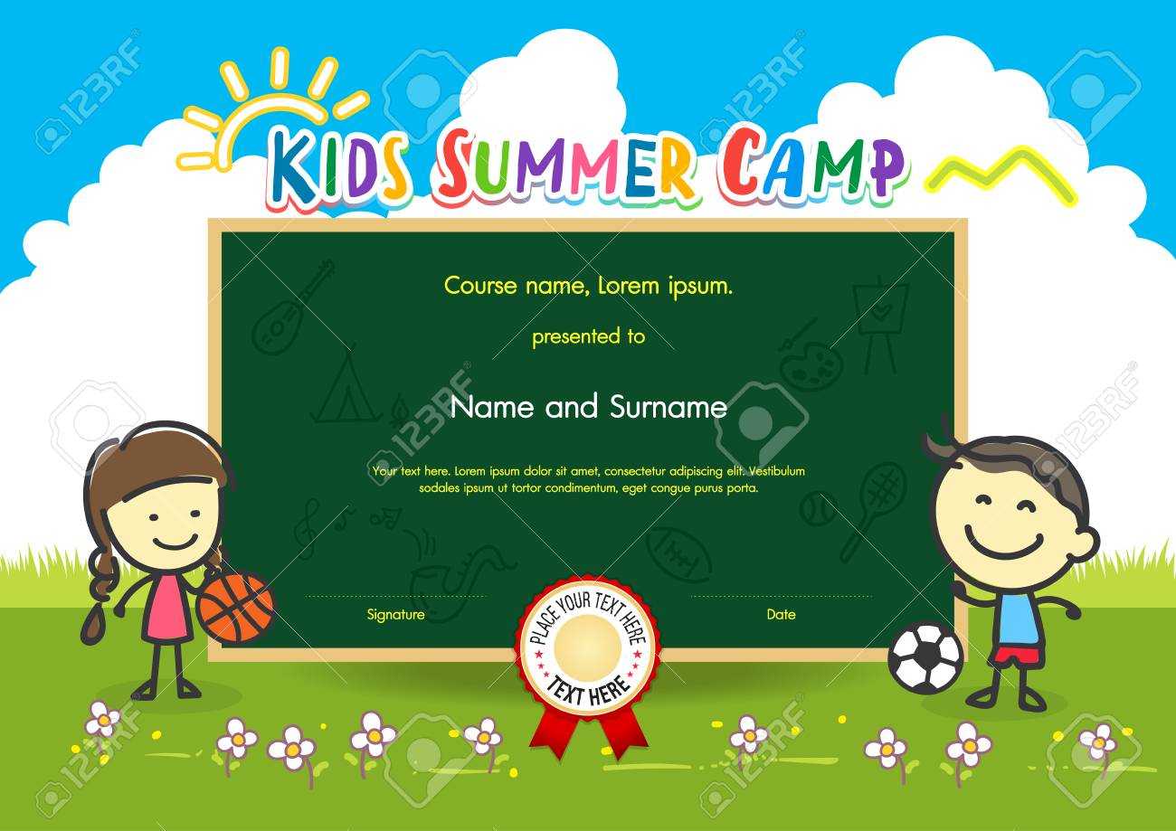Colorful Kids Summer Camp Diploma Certificate Template In Cartoon.. Intended For Summer Camp Certificate Template