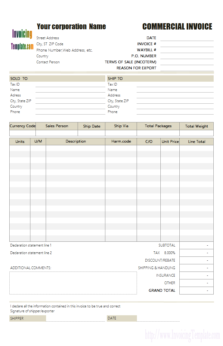 Commercial Invoice No Commercial Value Throughout Commercial Invoice Template Word Doc