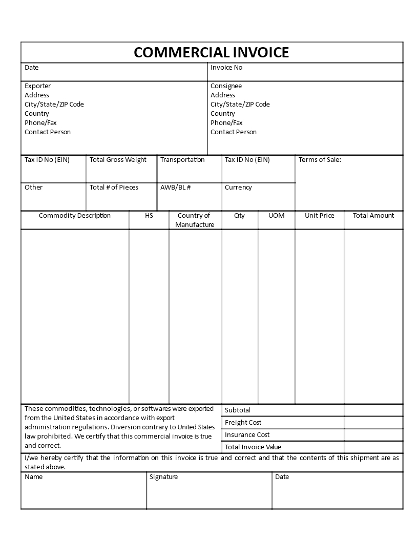 Commercial Invoice | Templates At Allbusinesstemplates Pertaining To Commercial Invoice Template Word Doc