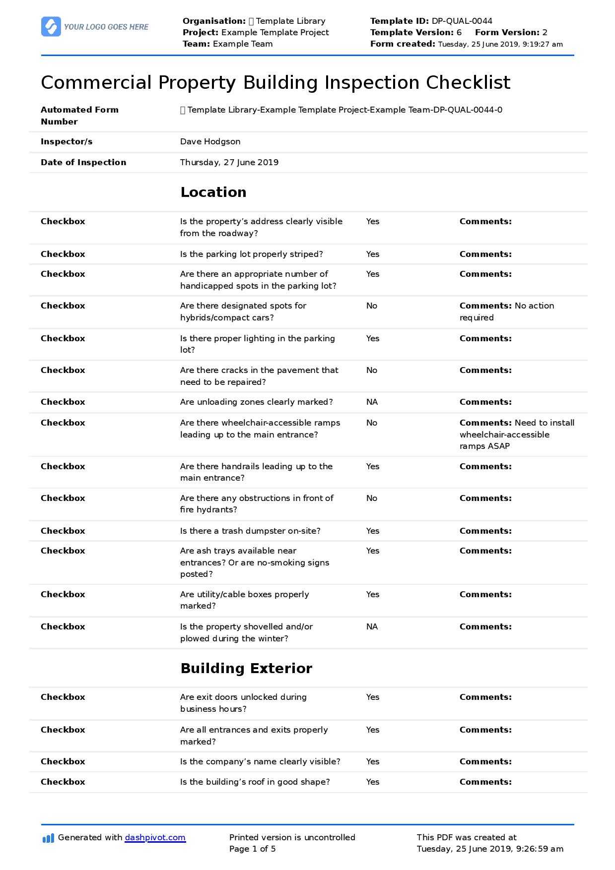 Commercial Property Inspection Checklist Template (Use It With Building Defect Report Template