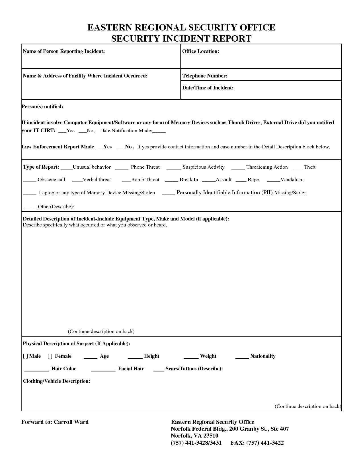 Computer Security Incident Report Form And Information Intended For Computer Incident Report Template