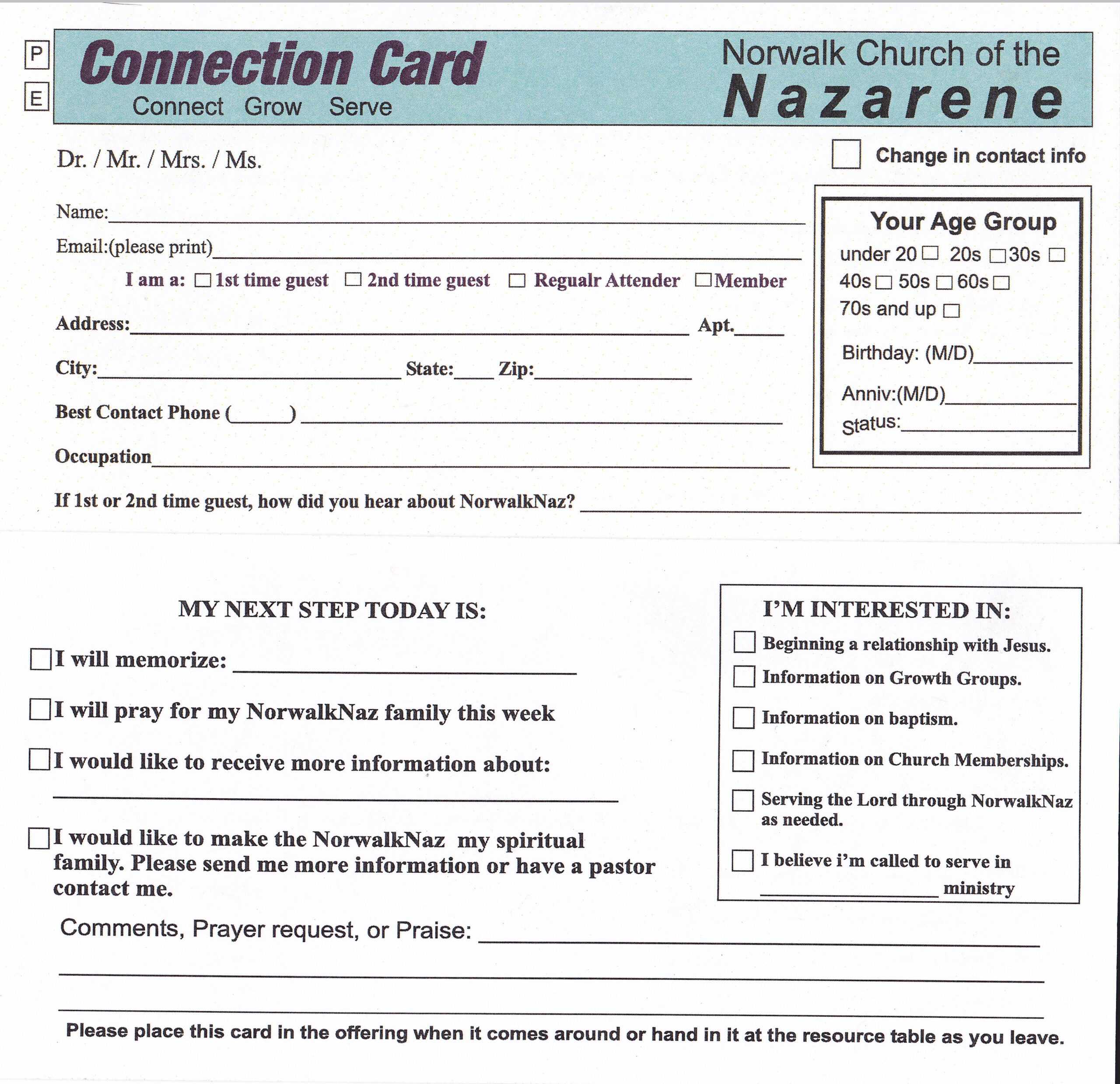 Connection Card | Work | Welcome Card Pertaining To Church Visitor Card Template