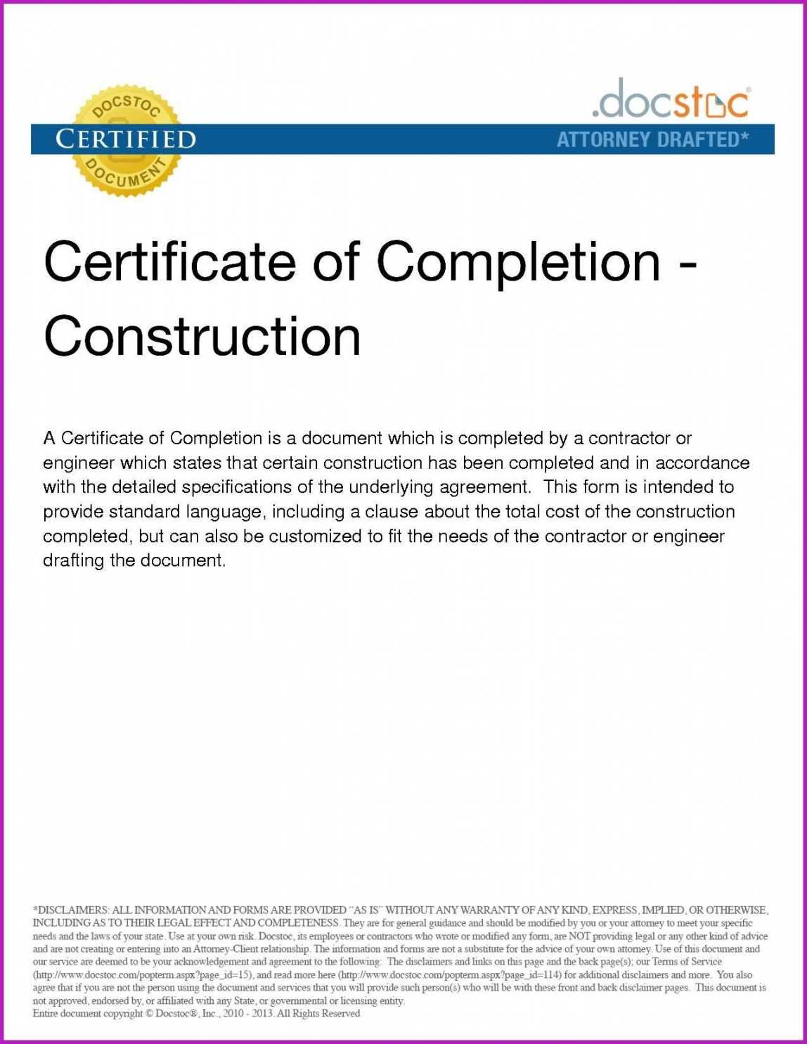 Construction Completion Certificate Template Within For Certificate Of Completion Template Construction