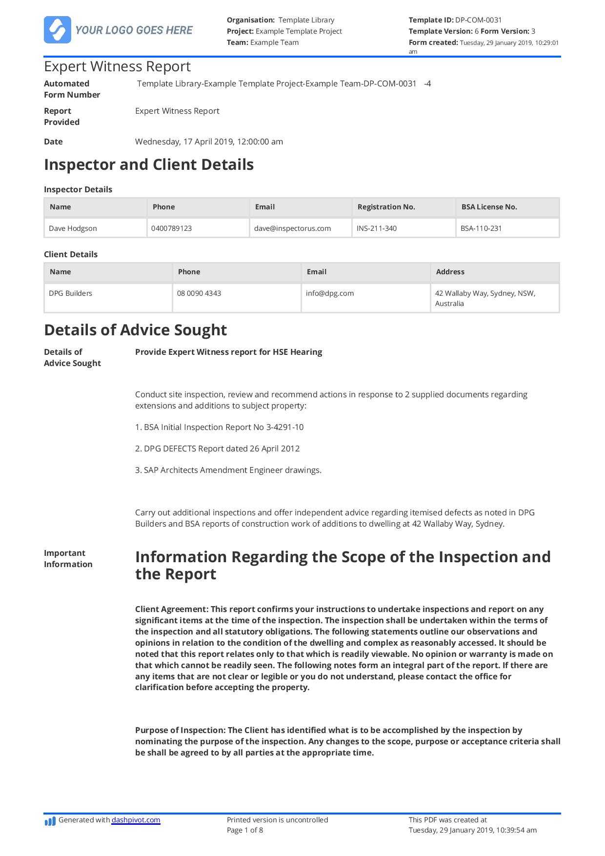 Construction Expert Witness Report Example And Editable Template In Building Defect Report Template