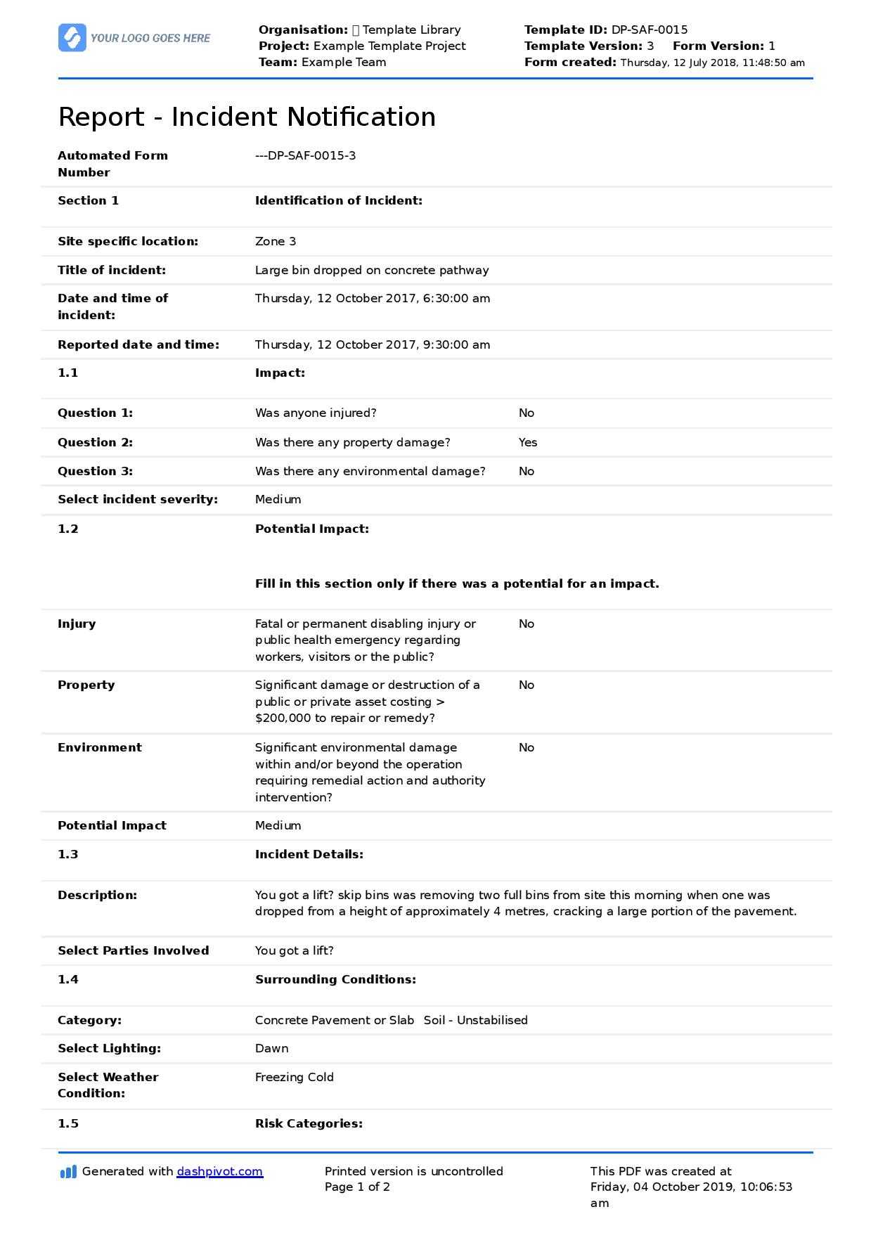 Construction Incident Report Template (Free & Editable Form) Regarding Construction Accident Report Template