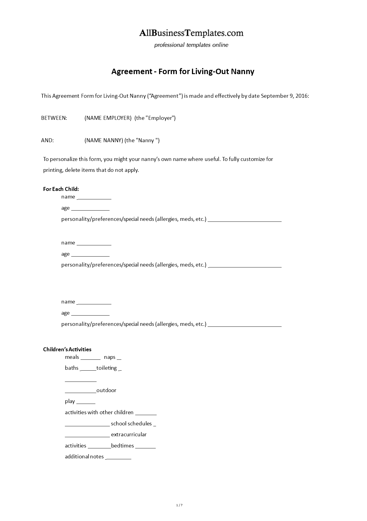Contract Form For Living Out Nanny | Templates At Inside Nanny Contract Template Word