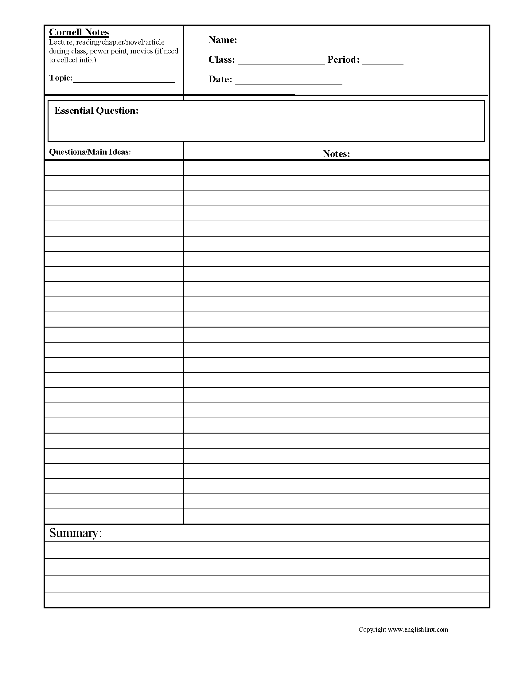 Cornell Notes Summary Worksheets | Cornell Notes, Cornell Intended For Cornell Note Template Word