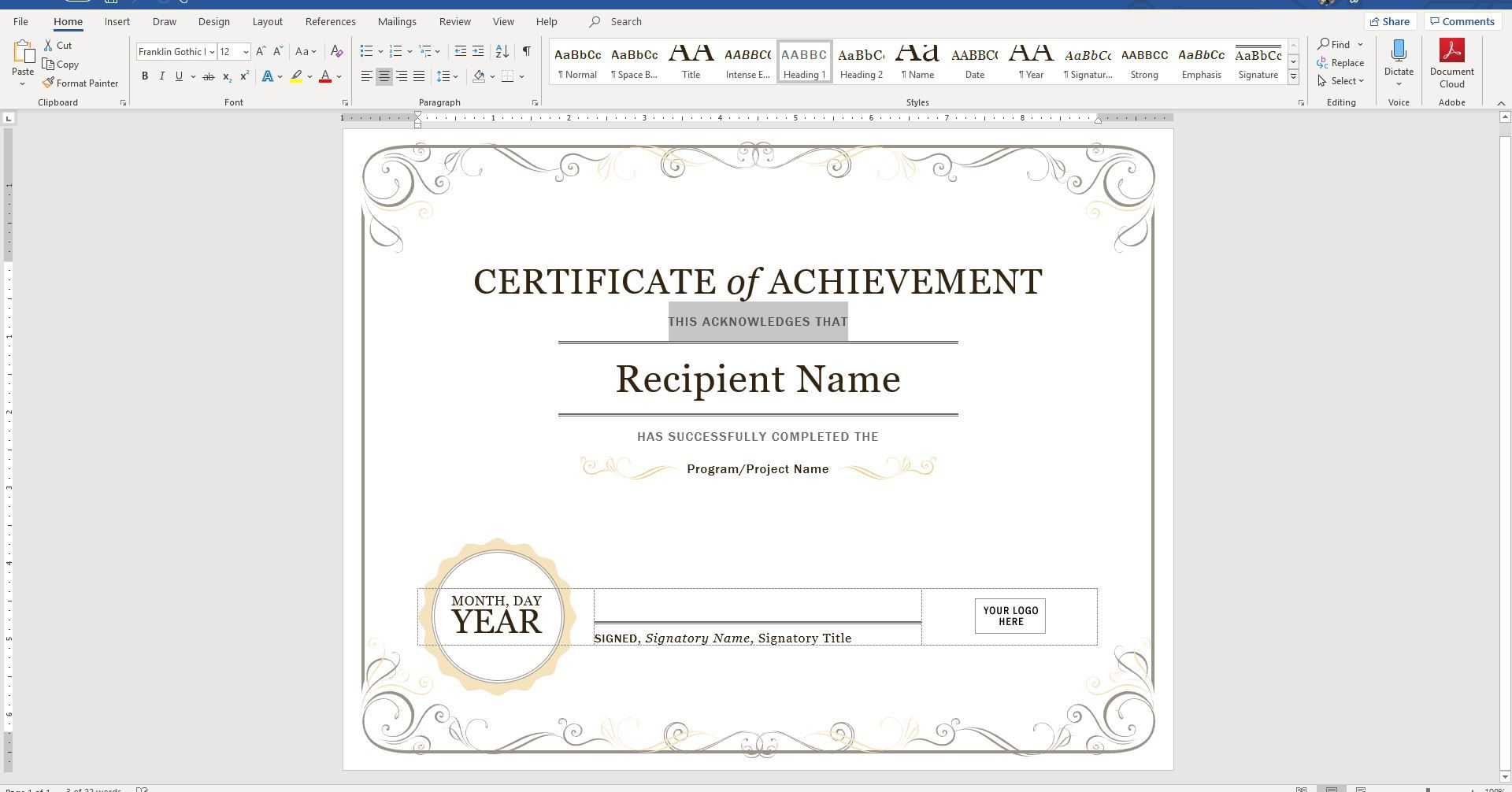 Create A Certificate Of Recognition In Microsoft Word In Superlative Certificate Template