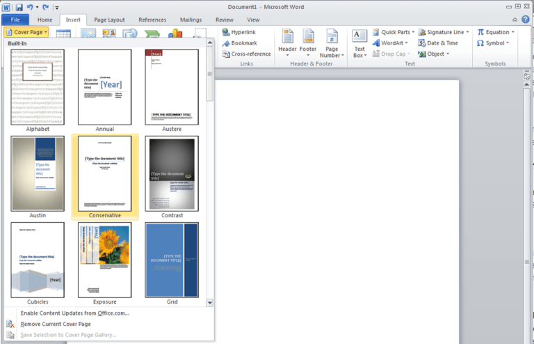 how to set title page in word