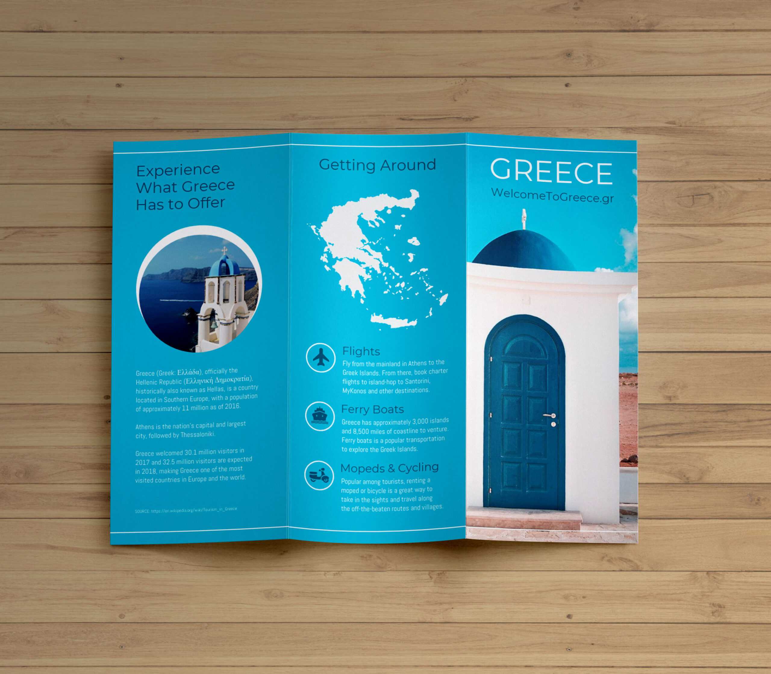 Creative Blue Greece Travel Trifold Brochure Idea Regarding Country Brochure Template