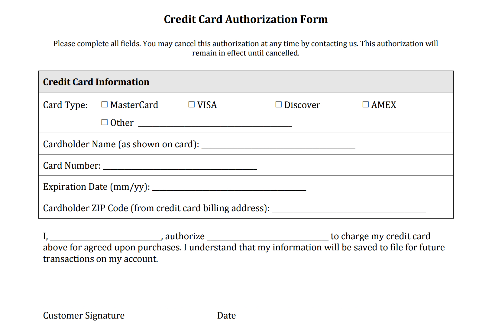 Credit Card Authorization Form Templates [Download] Regarding Credit Card Billing Authorization Form Template