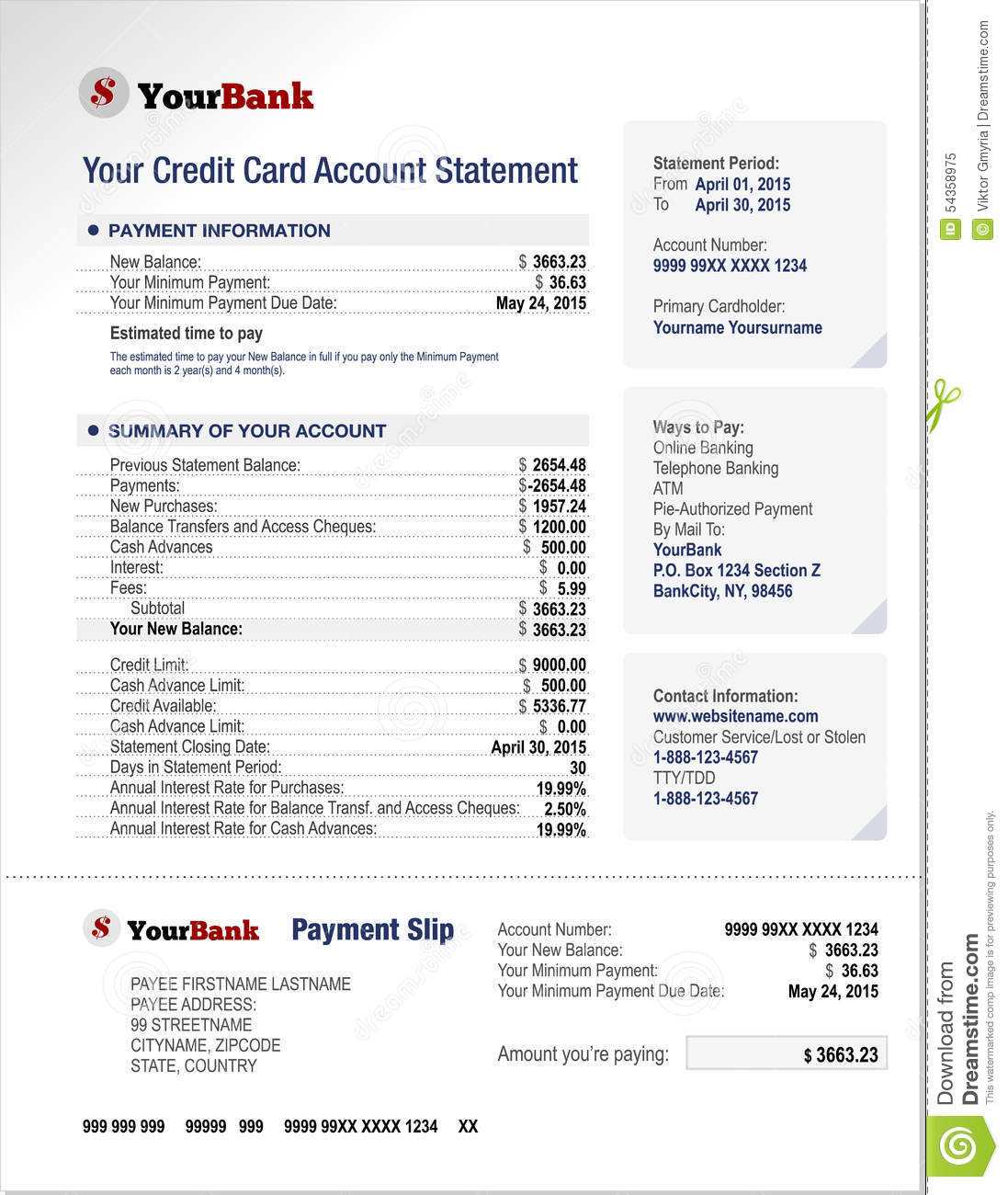 Credit Card Bank Account Statement Template Stock Vector Inside Credit Card Bill Template