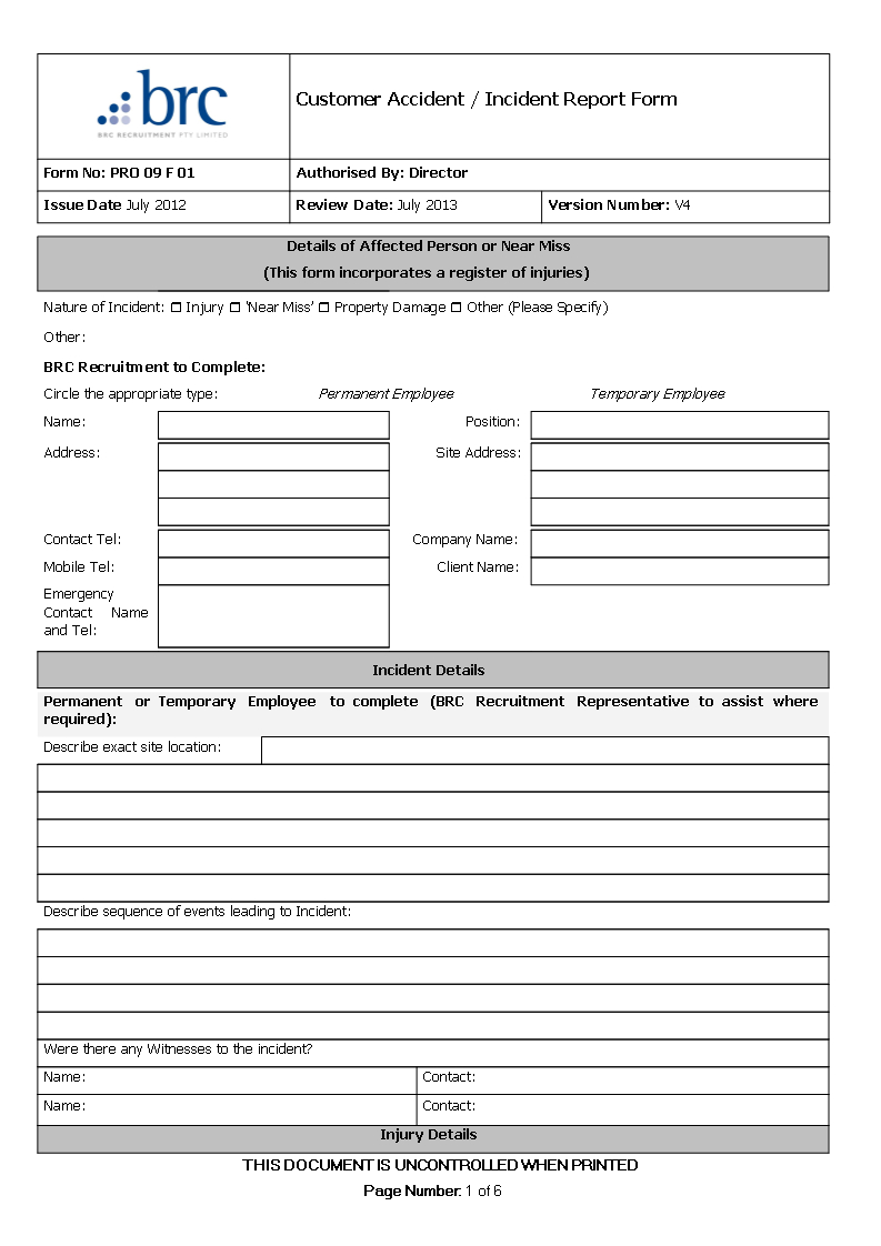Customer Accident Incident Report | Templates At Within Customer Contact Report Template