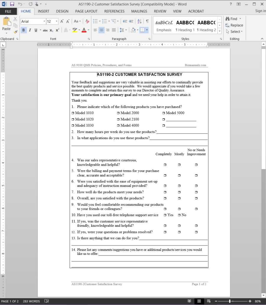 Customer Satisfaction Survey As9100 Template | As1190 2 Regarding Customer Satisfaction Report Template