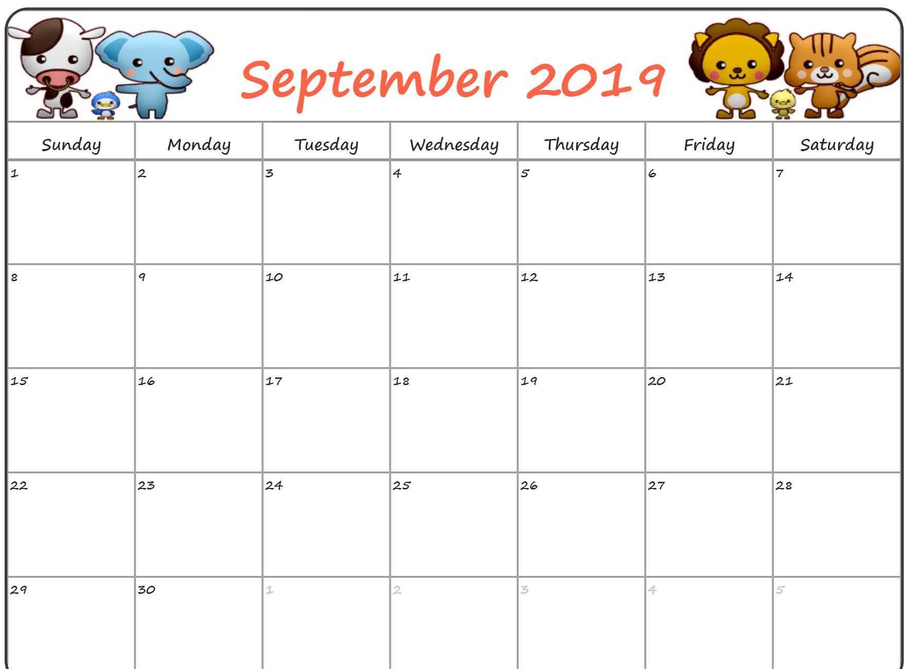 Cute September 2019 Calendar For Kids – Printable Calendar With Regard To Blank Calendar Template For Kids
